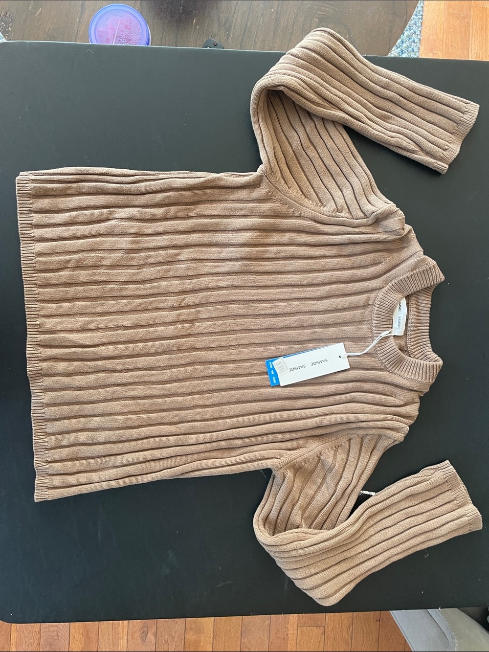 SAMSOE Ribbed Crewneck Sweater in Camel Brown